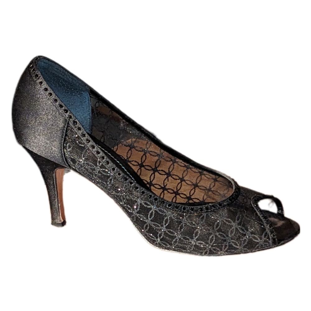 Nina Black Trellis Lace Mesh Peep-Toe Pumps